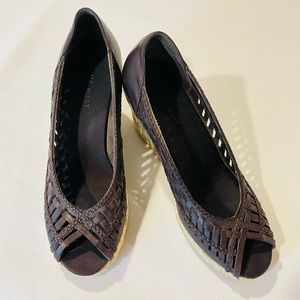 Brown Basketweave Leather Espadrille Wedge